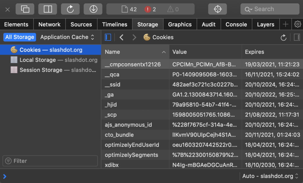 Cookies displayed through Safari's web inspector